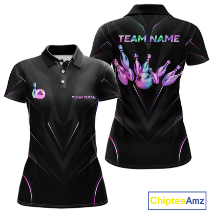 Black bowling-themed polo shirt with colorful graphics and 'Team Name' text on a white background.