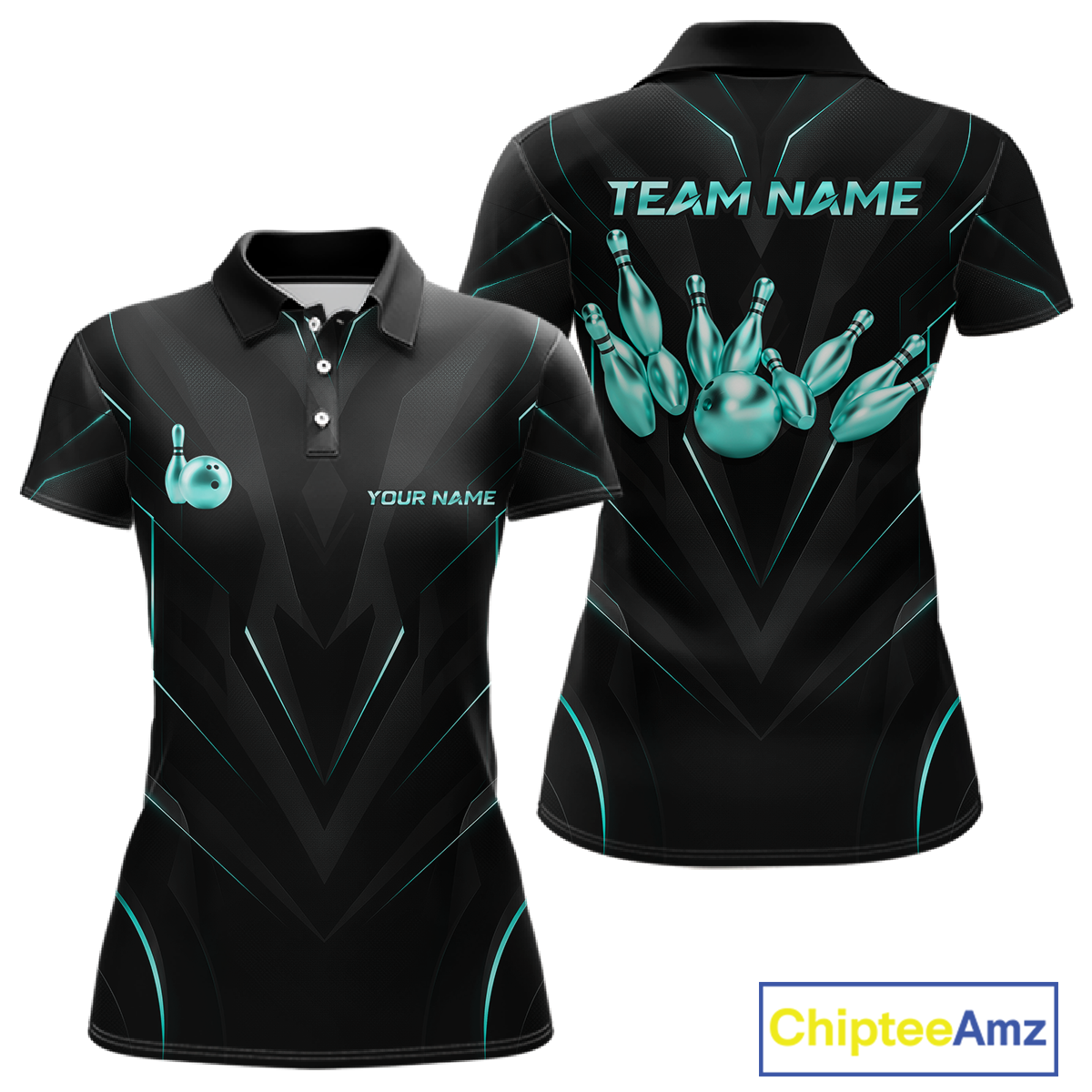 Black bowling-themed polo shirt with teal graphics and 'Chiptee Amz' branding.