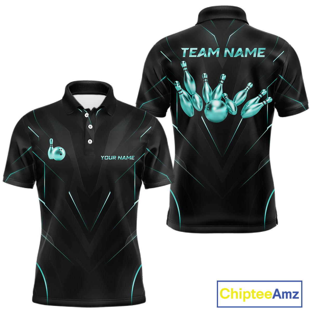 Black bowling-themed polo shirt with teal graphics and text on a white background
