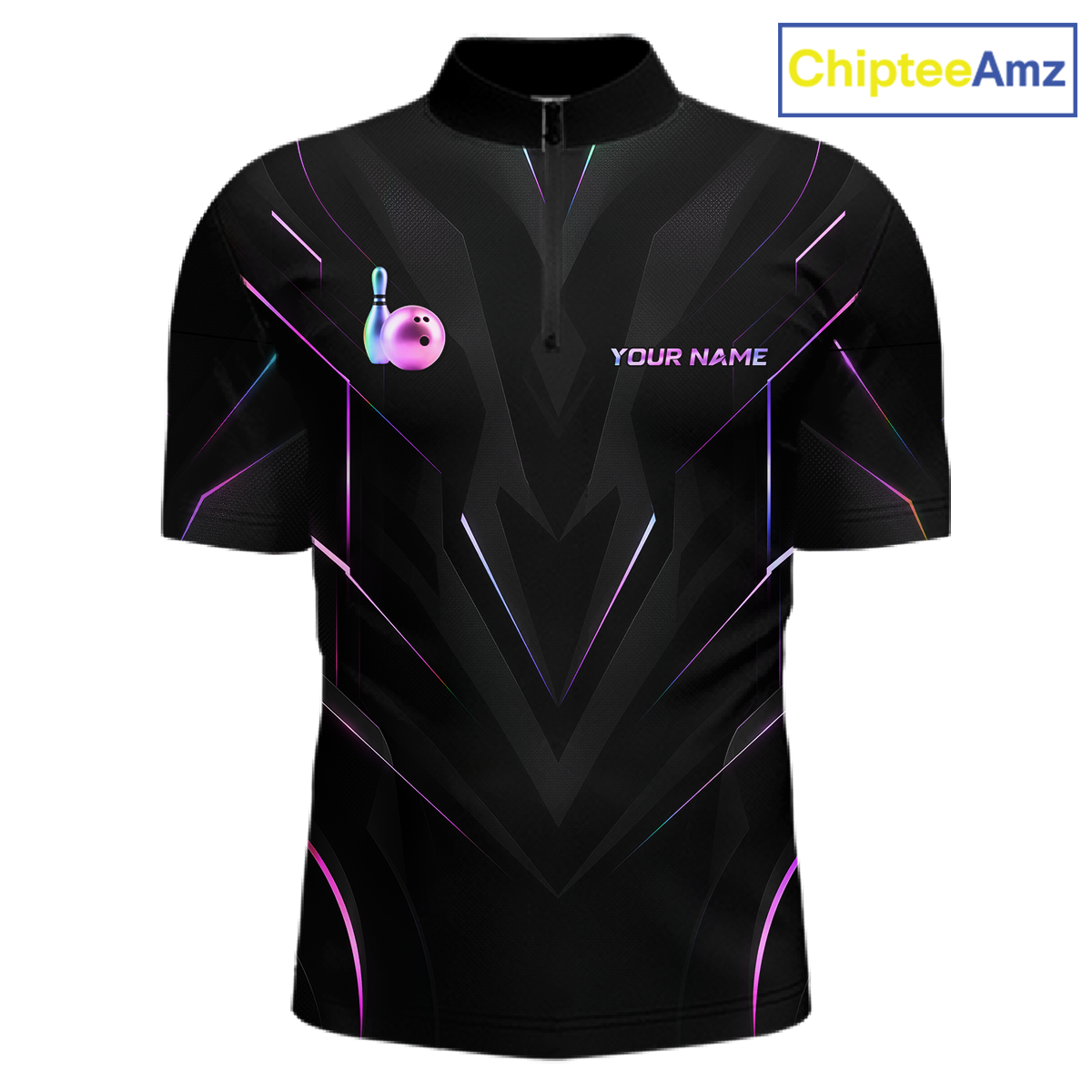 Black bowling shirt with colorful designs and a bowling pin graphic, branded 'ChipteeAmz'.