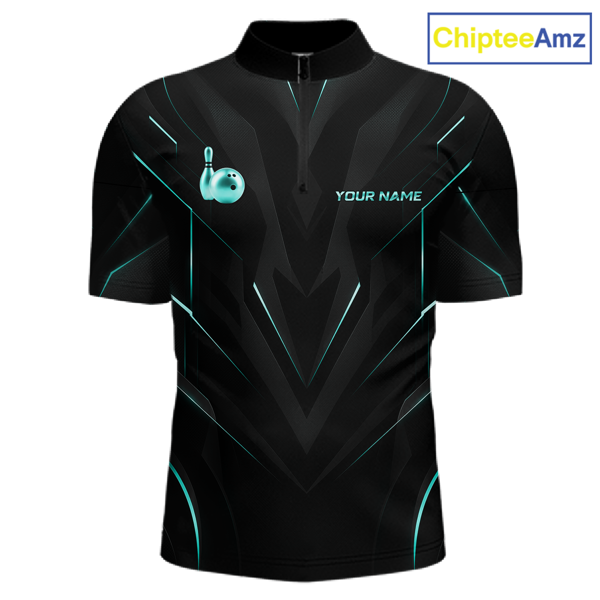 Black shirt with blue accents and a logo on a white background, featuring the brand 'ChipteeAmz'.