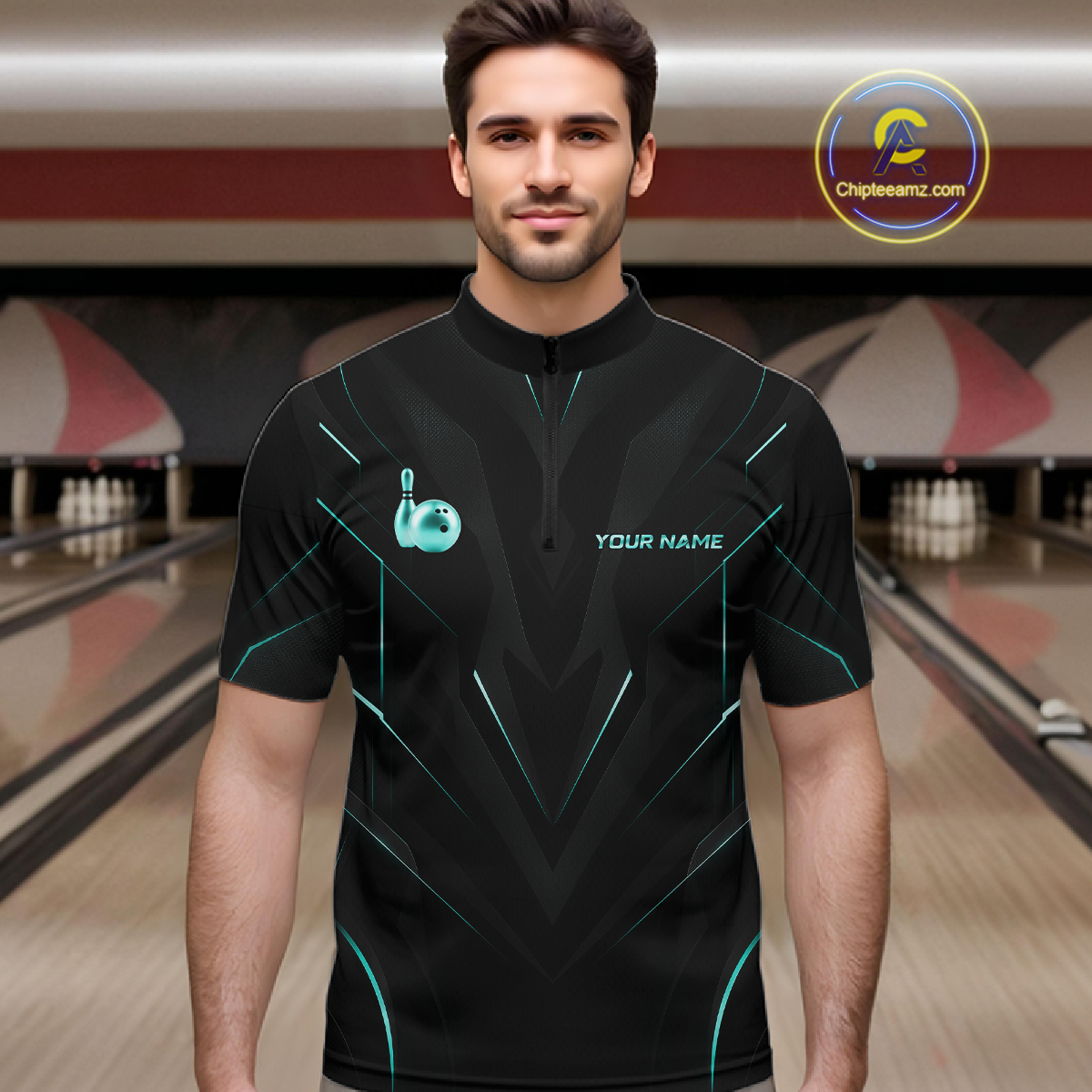 Man wearing a black bowling shirt with teal accents in a bowling alley.