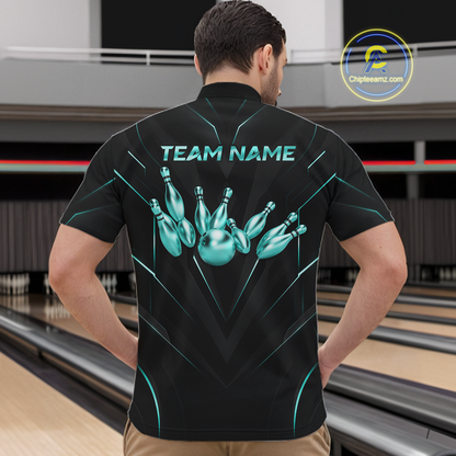 Person wearing a black bowling shirt with teal graphics and 'TEAM NAME' text at a bowling alley.