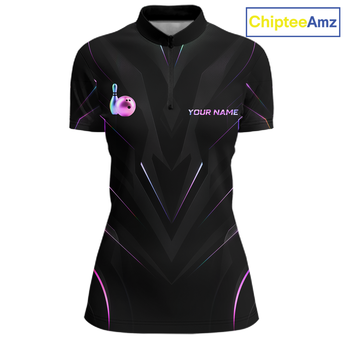 Black bowling shirt with colorful design and 'Your Name' text on a white background, branded with ChipteeAmz.