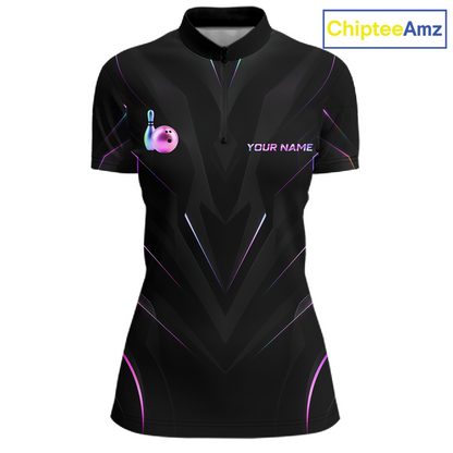 Black bowling shirt with colorful design and 'Your Name' text on a white background, branded with ChipteeAmz.