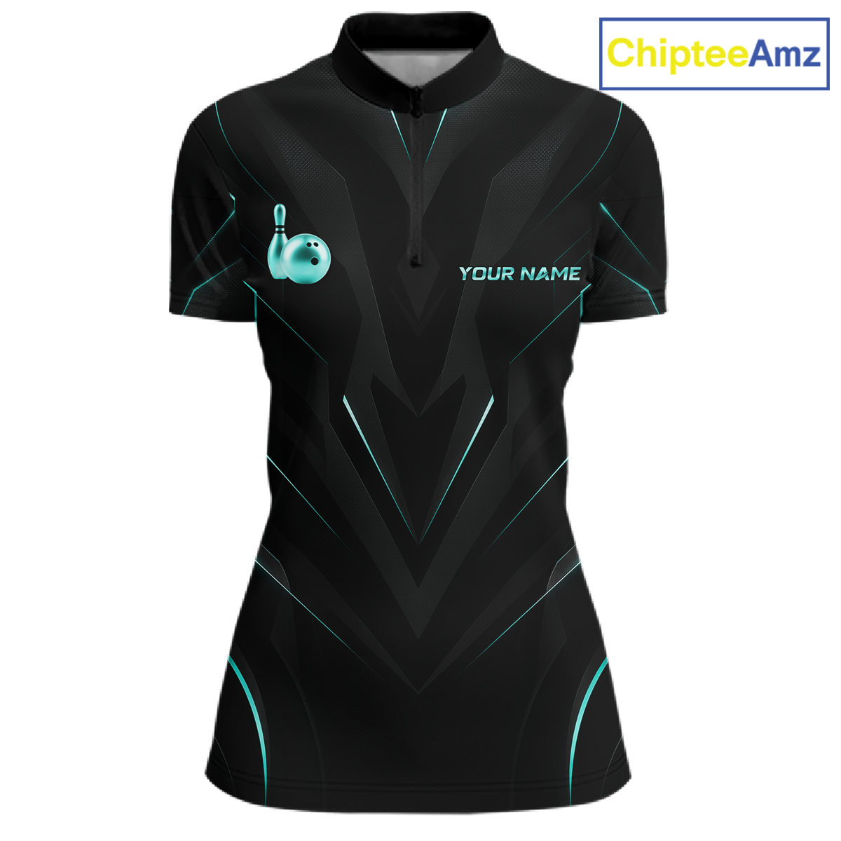 Black and teal bowling shirt with a logo and 'Your Name' text on a white background, branded with ChipteeAmz.