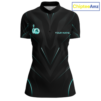 Black and teal bowling shirt with a logo and 'Your Name' text on a white background, branded with ChipteeAmz.