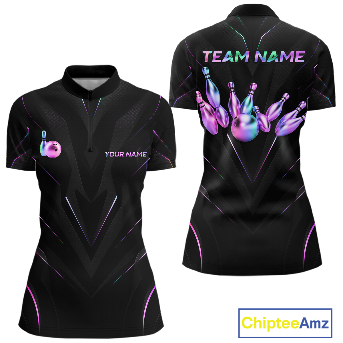 Black bowling shirt with colorful design and 'Team Name' text, Chiptee Amz brand visible.