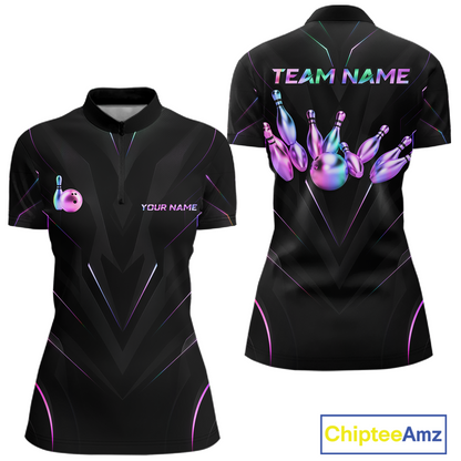 Black bowling shirt with colorful design and 'Team Name' text, Chiptee Amz brand visible.