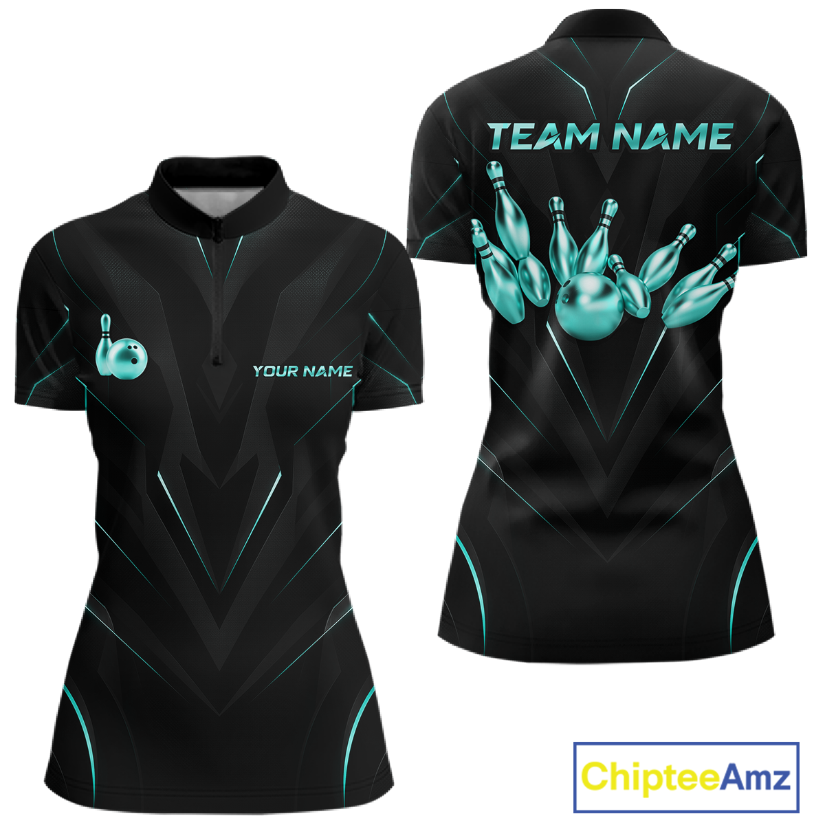 Black bowling shirt with teal graphics and text on a white background