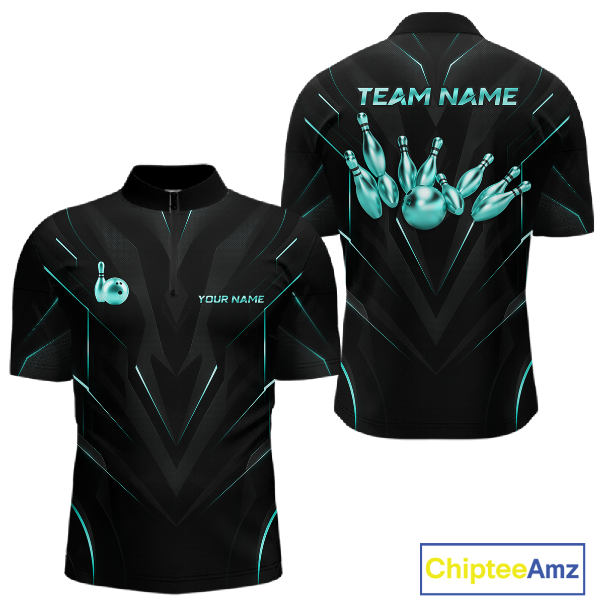 Black bowling shirt with teal graphics and text on a white background