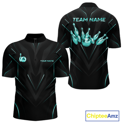 Black bowling shirt with teal graphics and text on a white background