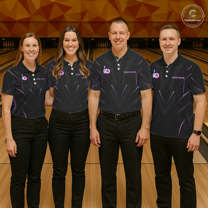 Four people in matching bowling alley uniforms standing on a bowling lane.