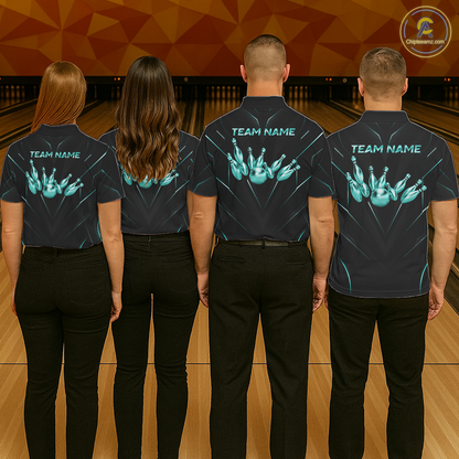 Four people wearing black bowling shirts with team name and design on a bowling alley.
