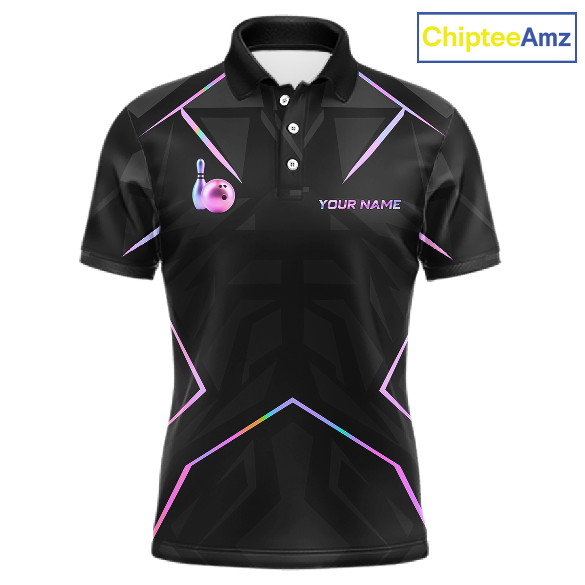 Black polo shirt with colorful accents and a logo on a white background, branded 'ChipteeAmz'.
