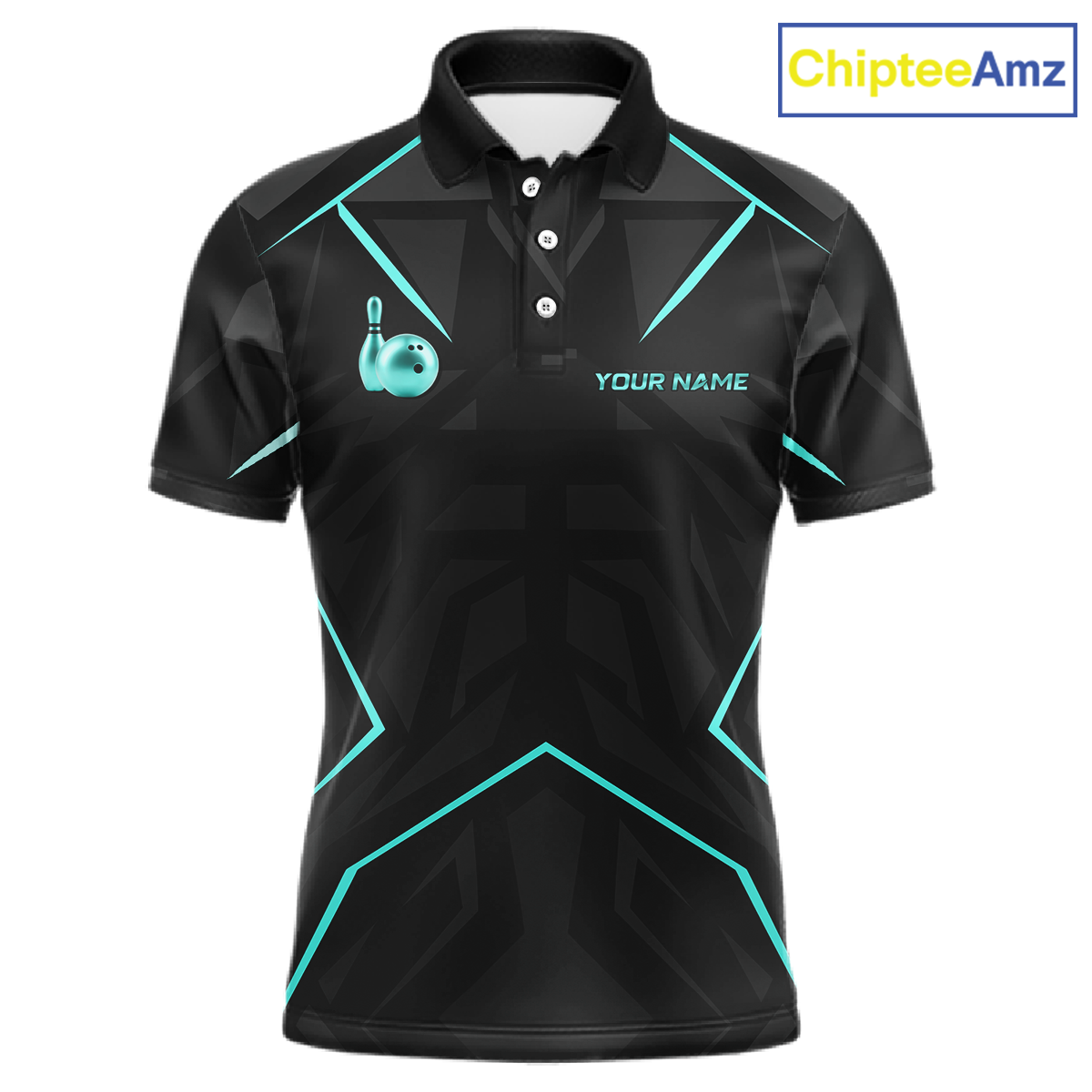 Black polo shirt with teal accents and a logo on a white background, branded 'ChipteeAmz'.