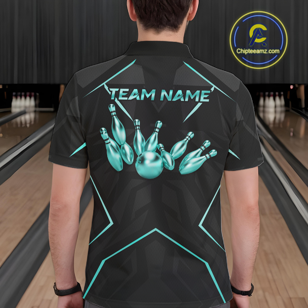 Person wearing a black bowling shirt with teal design and 'Team Name' text in a bowling alley.