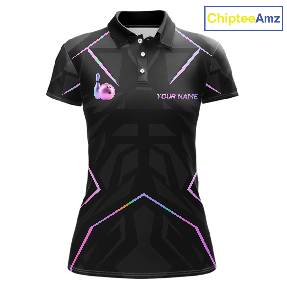 Black polo shirt with colorful geometric patterns and a bowling ball design on a white background, branded with 'ChipteeAmz'.