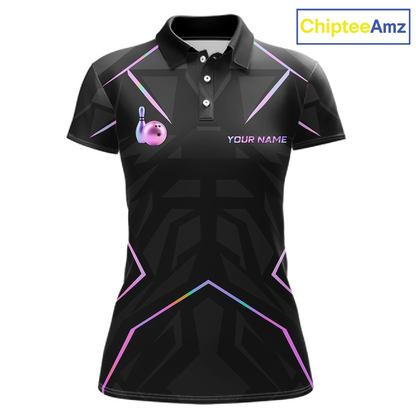 Black polo shirt with colorful geometric patterns and a bowling ball design on a white background, branded with 'ChipteeAmz'.