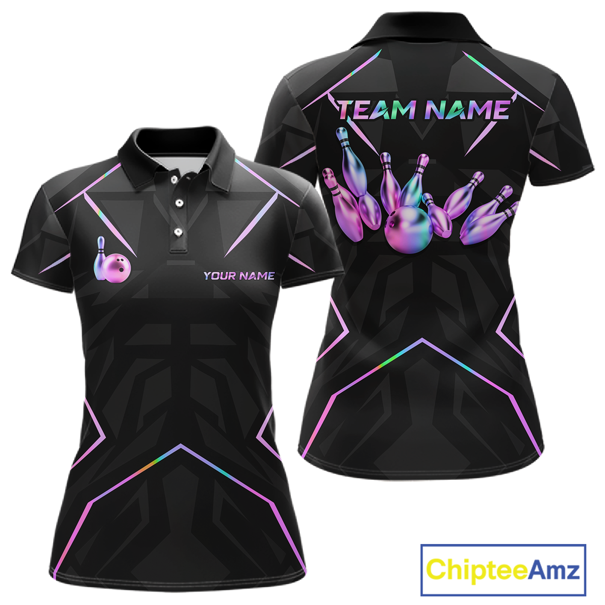 Black polo shirt with bowling design and customizable text on a white background
