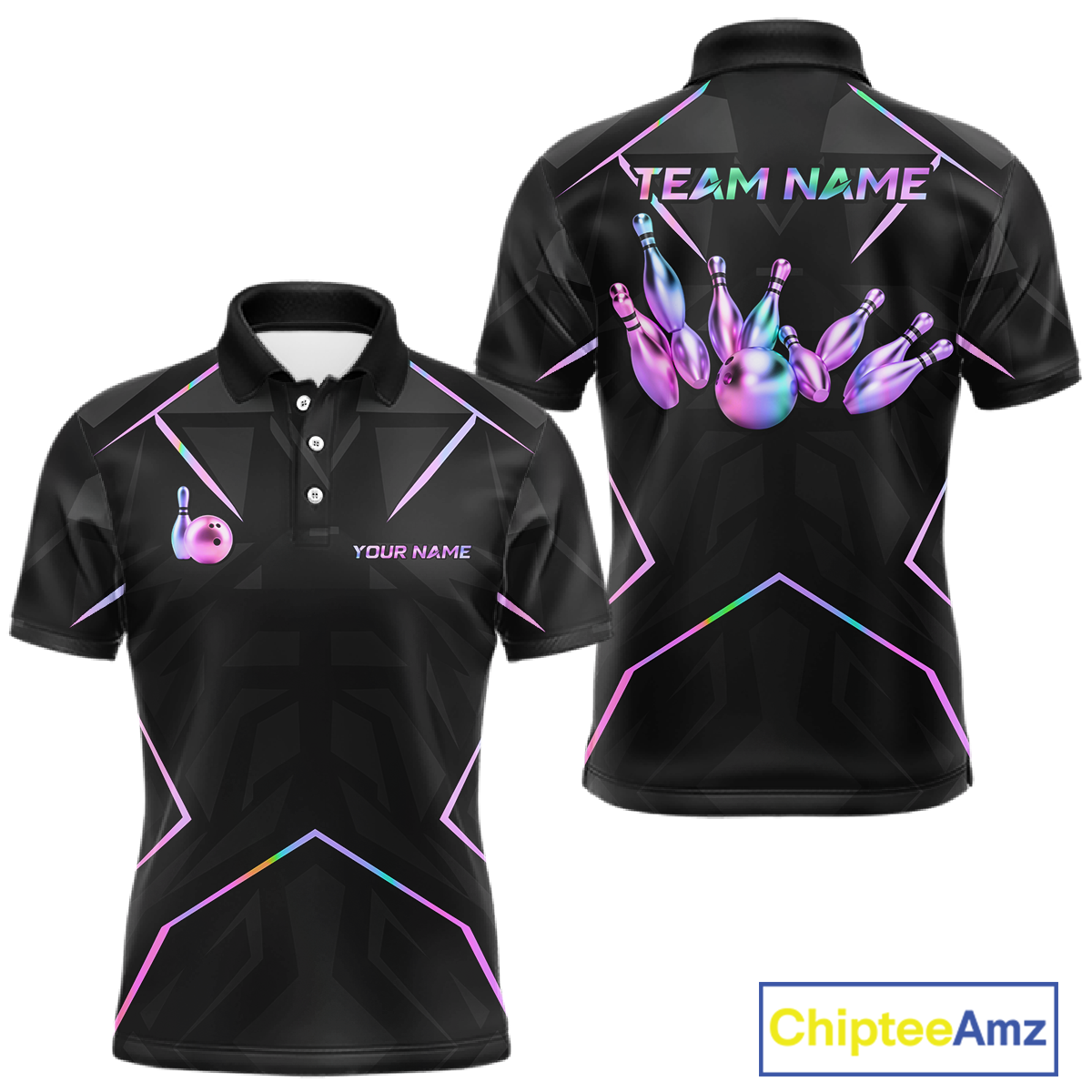 Black bowling team shirt with colorful designs and 'Team Name' text, featuring Chiptee Amz branding.