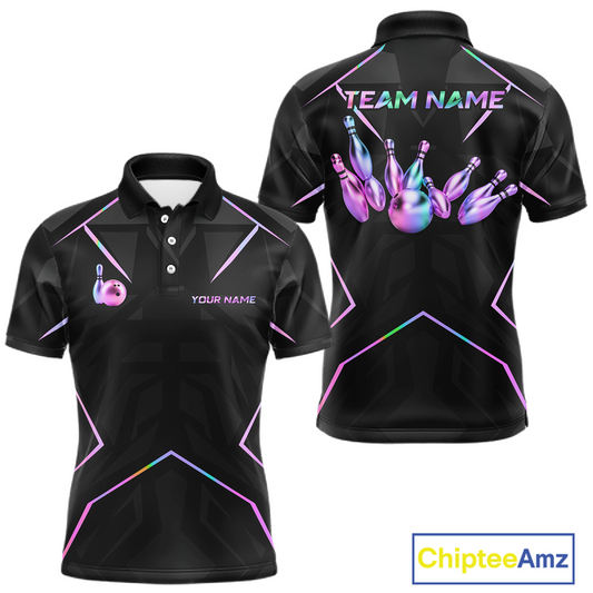 Black bowling team shirt with colorful designs and 'Team Name' text, featuring Chiptee Amz branding.
