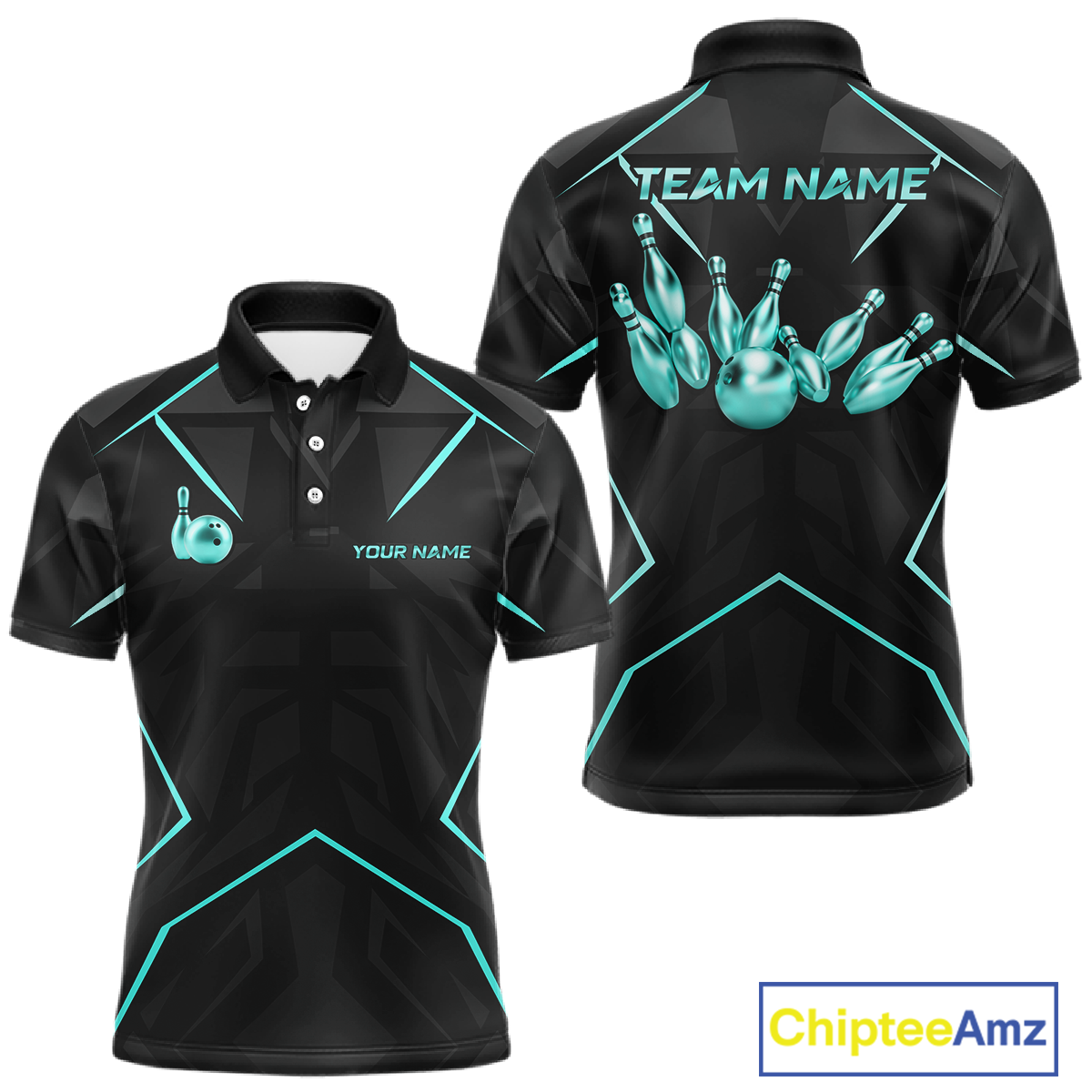 Black bowling team shirt with teal graphics and text on a white background