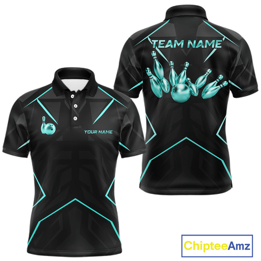Black bowling team shirt with teal graphics and text on a white background