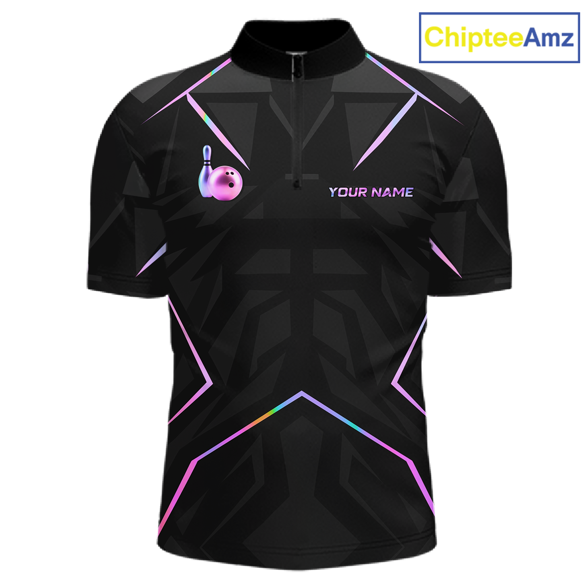 Black sports jersey with colorful designs and 'Your Name' text on a white background, branded with ChipteeAmz.