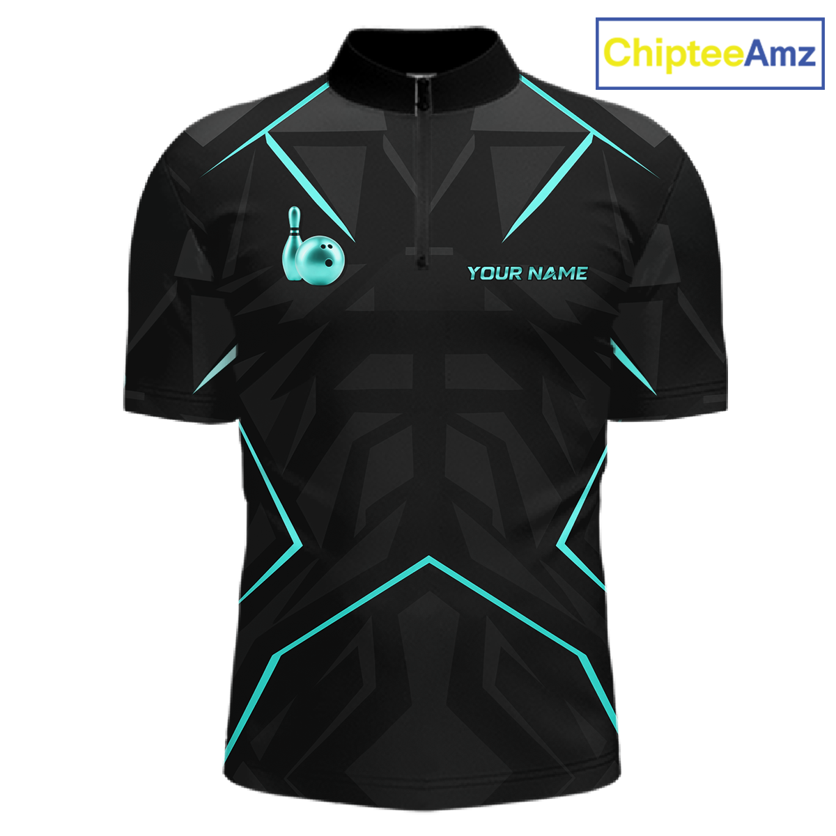 Black sports jersey with teal accents and a bowling pin design on a white background, branded 'ChipteeAmz'.