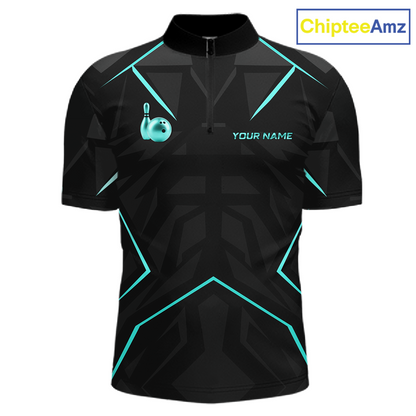 Black sports jersey with teal accents and a bowling pin design on a white background, branded 'ChipteeAmz'.
