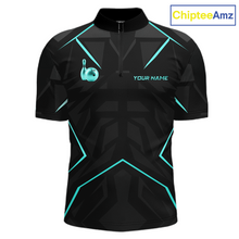 Load image into Gallery viewer, Black sports jersey with teal accents and a bowling pin design on a white background, branded 'ChipteeAmz'.