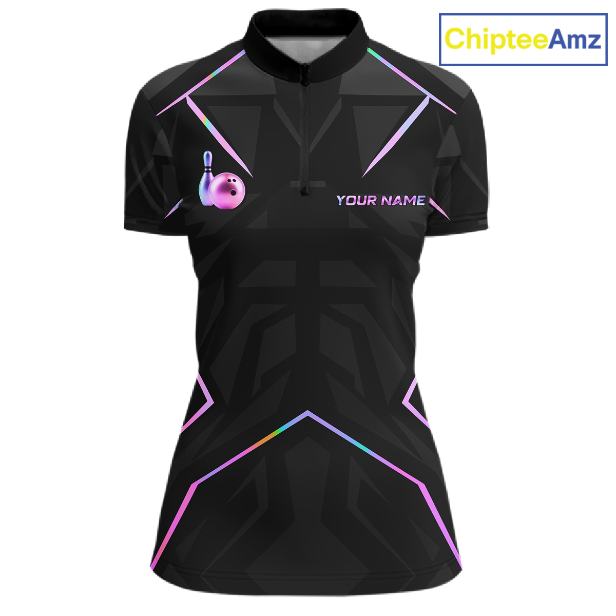 Black sports jersey with geometric patterns and a bowling ball logo on a white background, branded 'ChipteeAmz'.