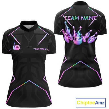 Black bowling shirt with colorful designs and 'Team Name' text on a white background
