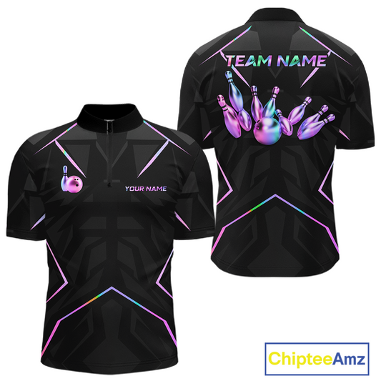 Black bowling shirt with colorful design and 'Team Name' text on a white background