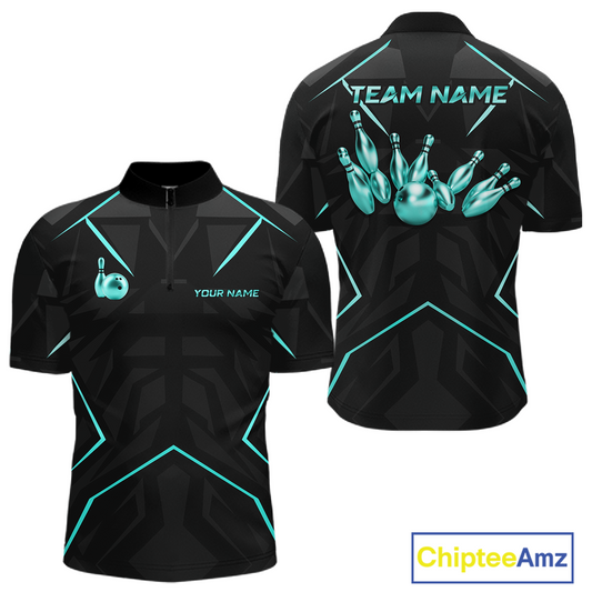 Black bowling shirt with teal accents and 'Team Name' text on a white background