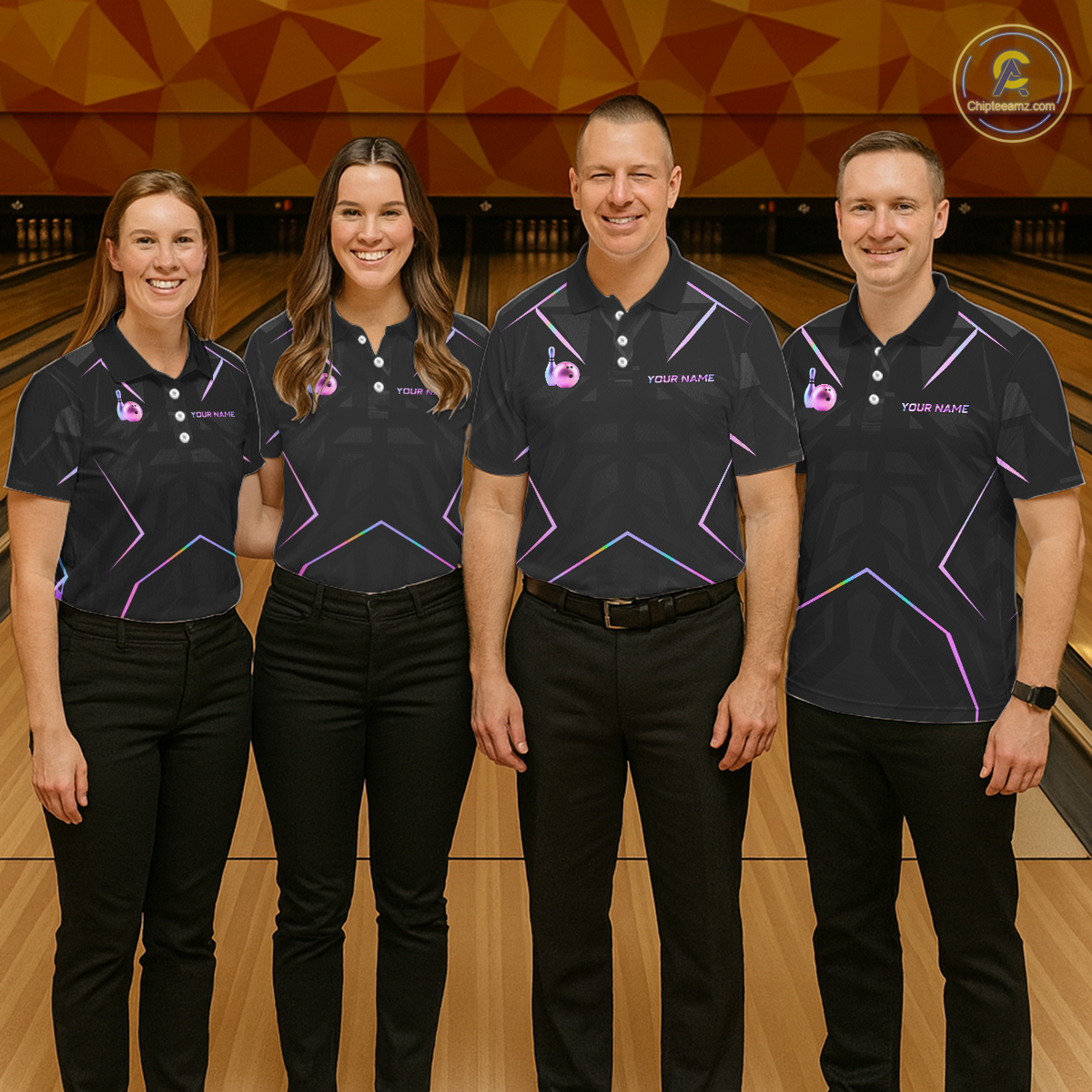 Four people in matching bowling alley uniforms standing on a bowling lane.