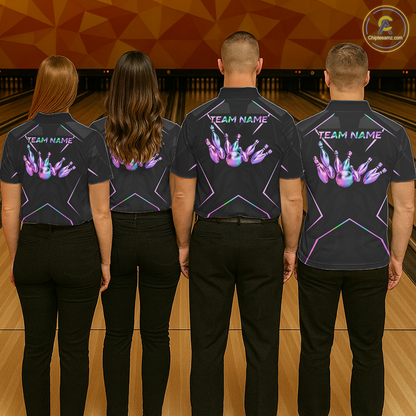 Four people wearing black shirts with colorful designs and 'TEAM NAME' text on a bowling alley.