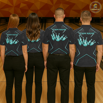 Four people wearing black shirts with 'Team Name' and bowling hand graphic on a bowling alley.