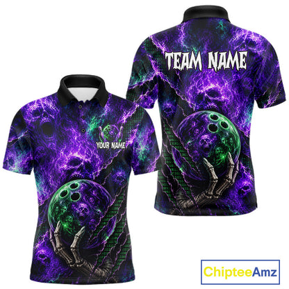 Front and back views of a short-sleeve polo shirt with a purple and black lightning-patterned background, featuring a green bowling ball held by skeletal hands and customizable text placeholders 'YOUR NAME' and 'TEAM NAME'.