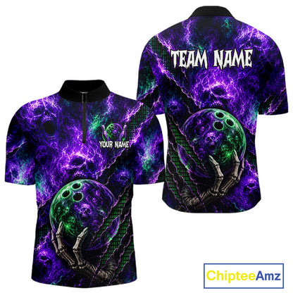 Front and back views of a short-sleeve polo shirt with a purple and black electric lightning pattern, featuring a green bowling ball graphic held by a skeletal hand, customizable text placeholders, and a ChipteeAmz logo in the corner.