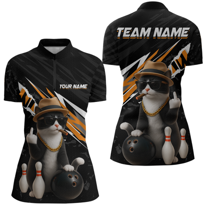 Custom Orange Funny Cat Bowling Jersey for Women Bowling Shirt Polo & 1/4 Zip Bowling Team Shirts HNT136