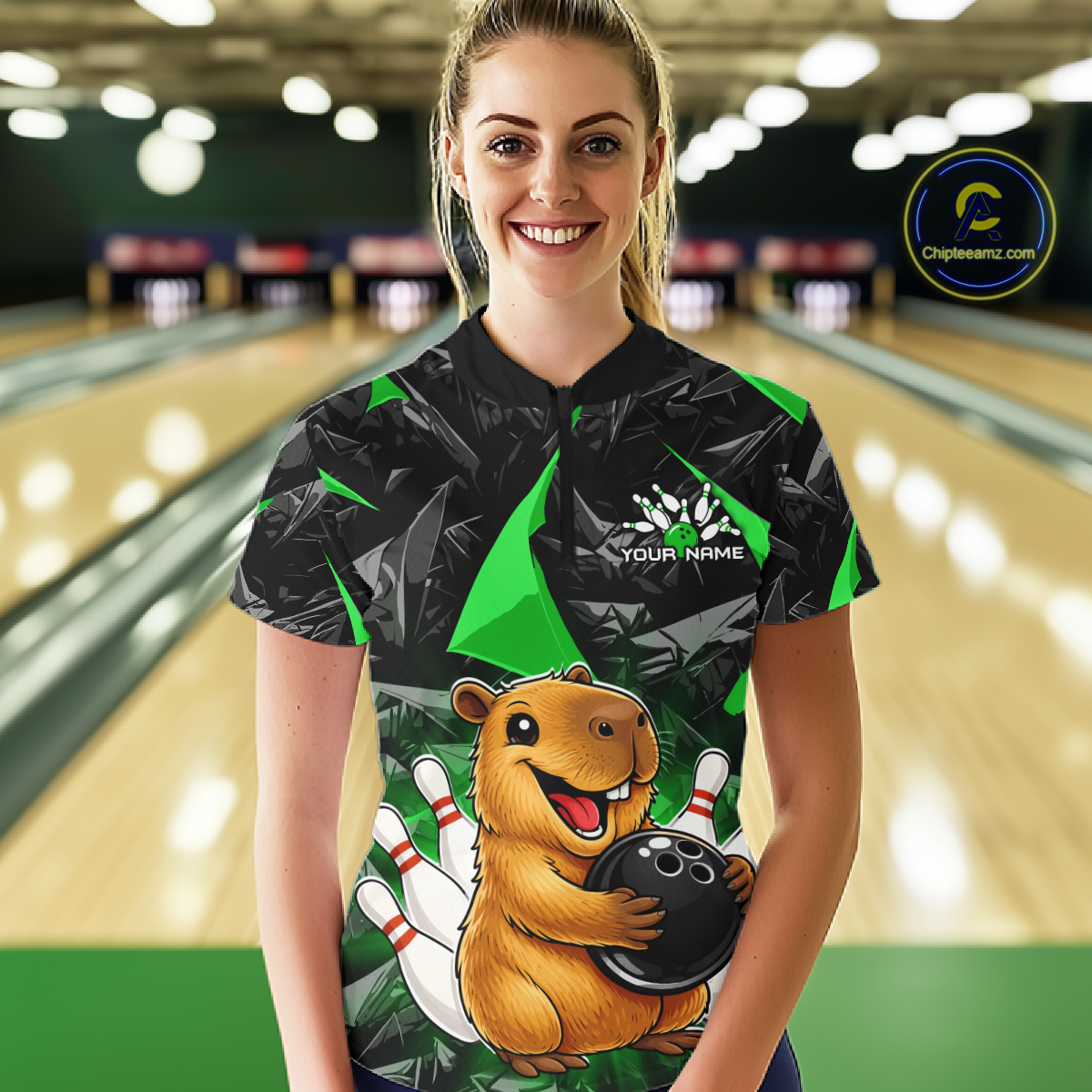Custom Green Capybara Bowling Jersey for Women Bowling Team Shirts Bowling Polo & 1/4 Zip HNT255