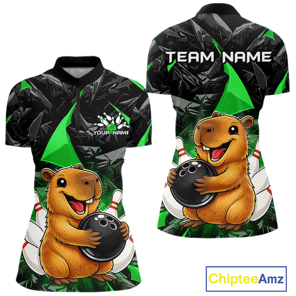 Custom Green Capybara Bowling Jersey for Women Bowling Team Shirts Bowling Polo & 1/4 Zip HNT255