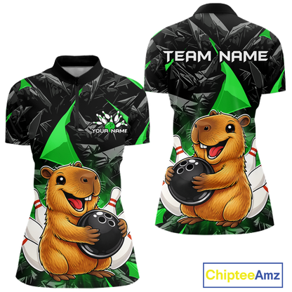 Custom Green Capybara Bowling Jersey for Women Bowling Team Shirts Bowling Polo & 1/4 Zip HNT255