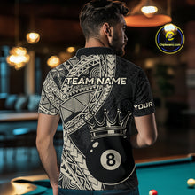 Load image into Gallery viewer, Back view of a man wearing a black and  gold polo shirt with intricate Polynesian-inspired tribal patterns, custom “TEAM NAME” text across the shoulders, and a crowned 8-ball graphic on the lower back.