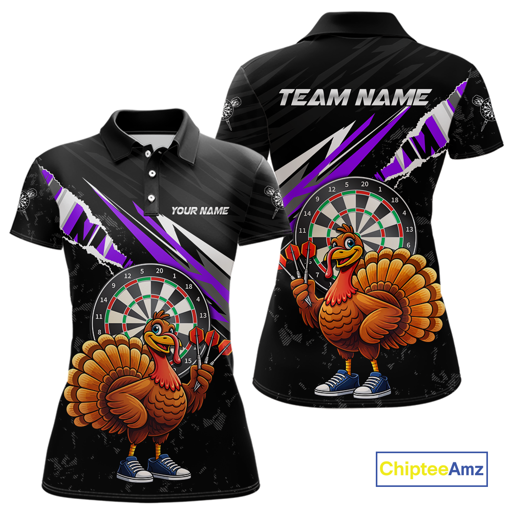 Purple Funny Turkey Chicken Darts Shirt for Women Darts Team Jerseys Polo & 1/4 Zip Dart League NNT130