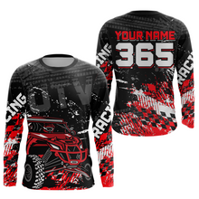 Load image into Gallery viewer, Front and back view personalized racing shirt with an off-road vehicle integrated into tire track patterns, racing graphics, and custom name details.
