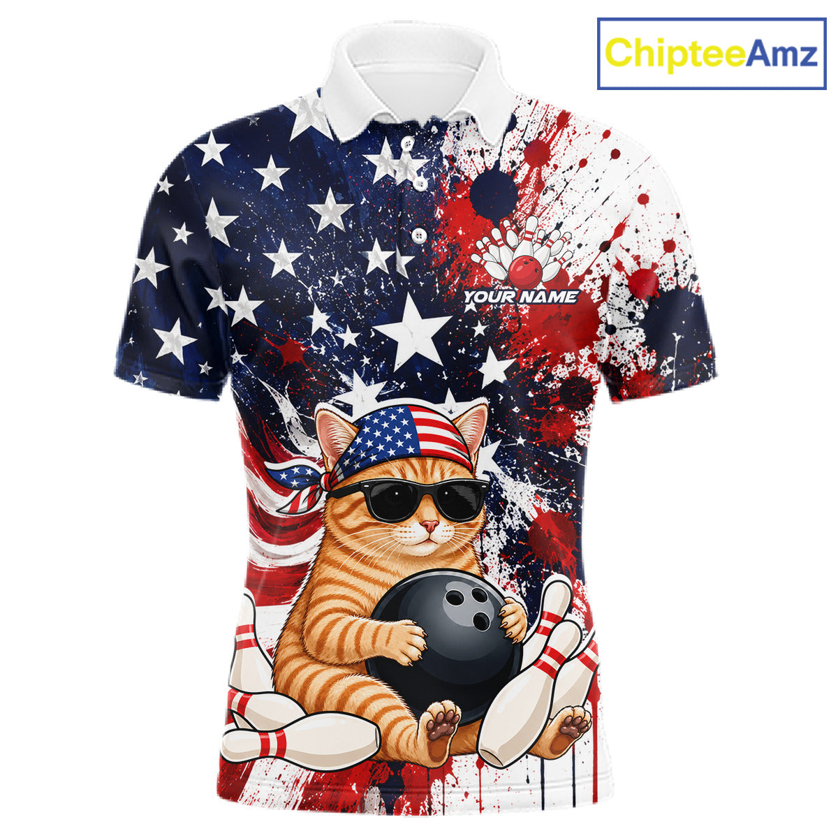 Front and back views of a patriotic bowling polo featuring a sunglasses-wearing orange tabby cat with an American flag bandana, bowling ball and pins, plus personalized name and team name text.