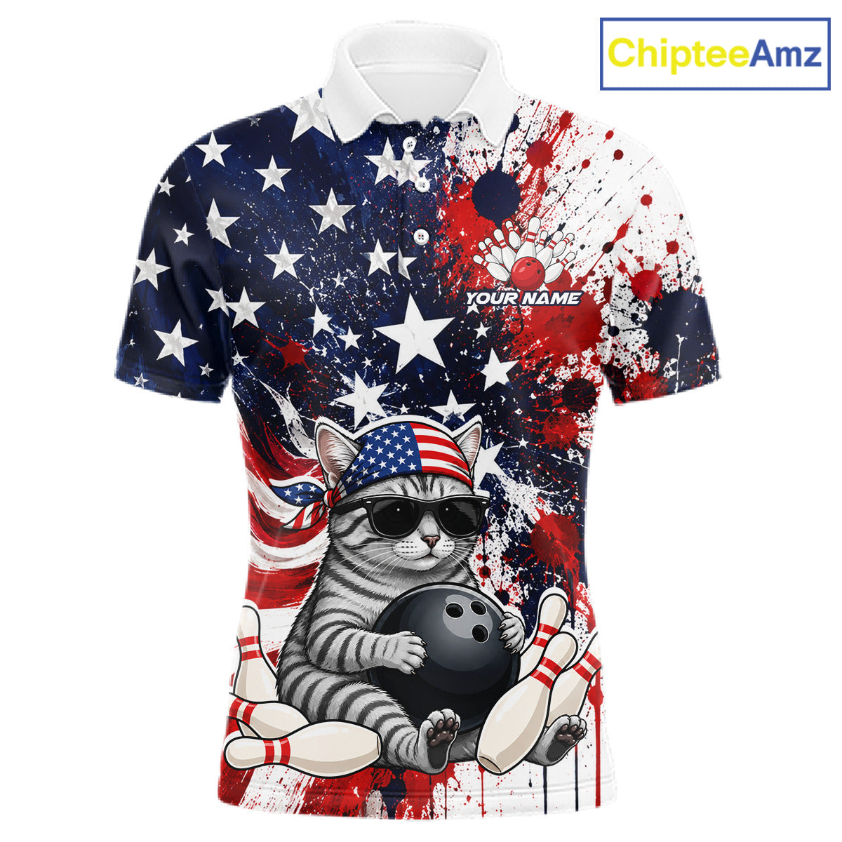 Polo shirt with American flag design and cat bowling graphic, brand 'ChipteeAmz' visible.